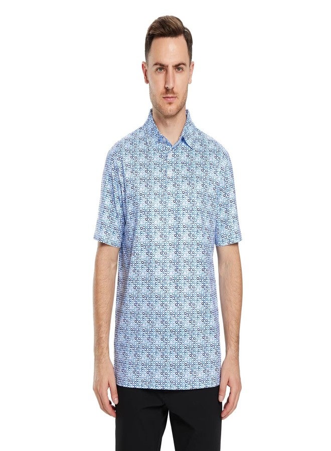 M MAELREG Golf Shirts for Men Dry Fit Short Sleeve Print Performance Moisture Wicking Polo Shirt White Blue Bubble - Image 2